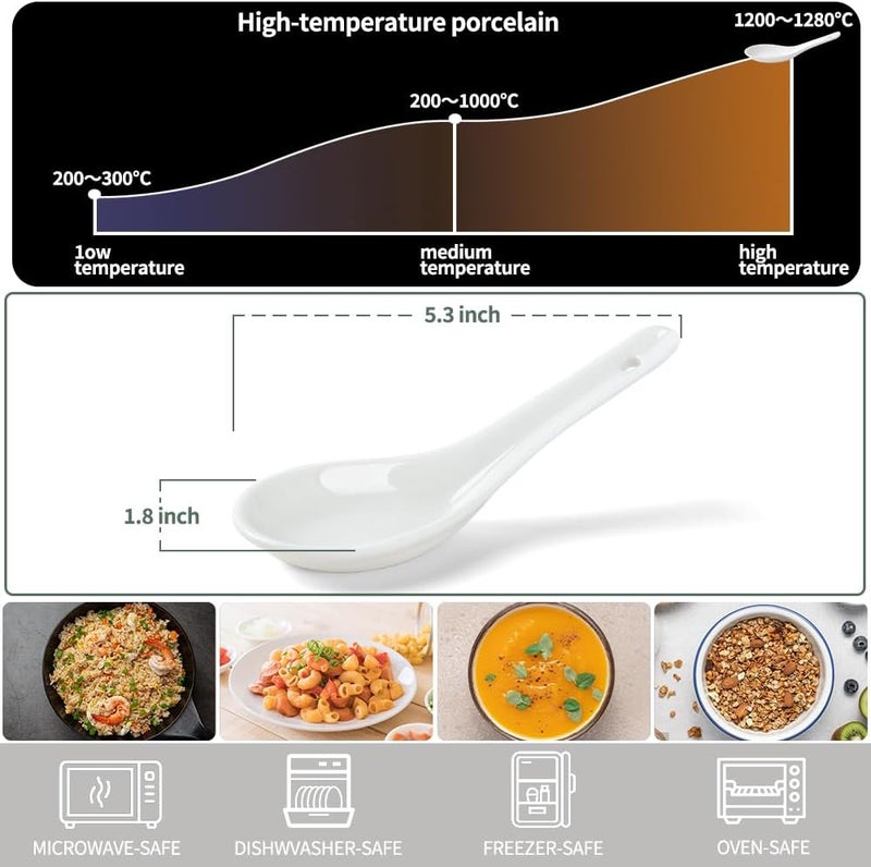 HAPPY KIT طقم ملاعق حساء من 6 قطع، ملاعق حساء سيراميك آسيوية 5.3" مناسبة لرامن كوريل فوه ميسو وونتون رامن دامبلينغ ماكرون آمنة في غسالة الصحون والفرن - Image 3