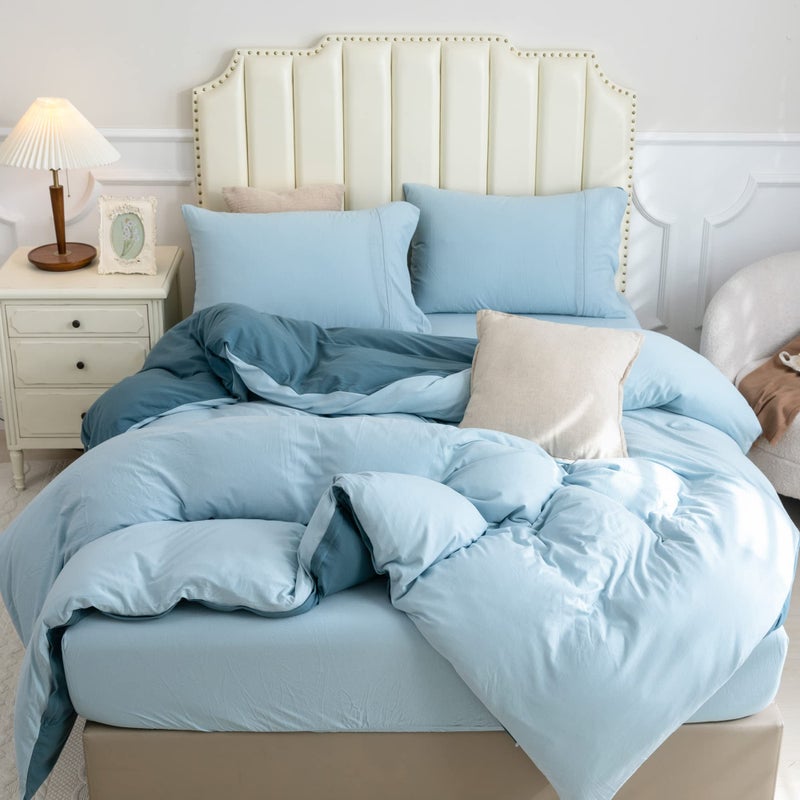 Pure Era Jersey Knit Duvet Cover Set 100% T-Shirt Cotton Super Soft Comfy 3Pc Bedding Set With Zipper Closure (Solid Cerulean Blue/Light Blue  Queen) - Image 5