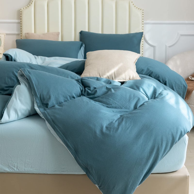 Pure Era Jersey Knit Duvet Cover Set 100% T-Shirt Cotton Super Soft Comfy 3Pc Bedding Set With Zipper Closure (Solid Cerulean Blue/Light Blue  Queen) - Image 3