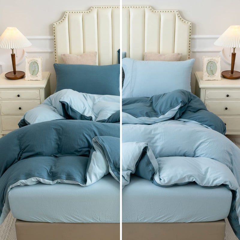 Pure Era Jersey Knit Duvet Cover Set 100% T-Shirt Cotton Super Soft Comfy 3Pc Bedding Set With Zipper Closure (Solid Cerulean Blue/Light Blue  Queen) - Image 1
