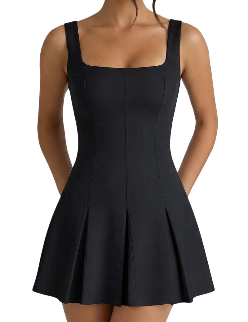 SHESEEWORLD Women's Sleeveless Square Neck Backless Fit and Flare Mini Dress A Line Ruffle Wedding Guest Dresses Black - Image 1