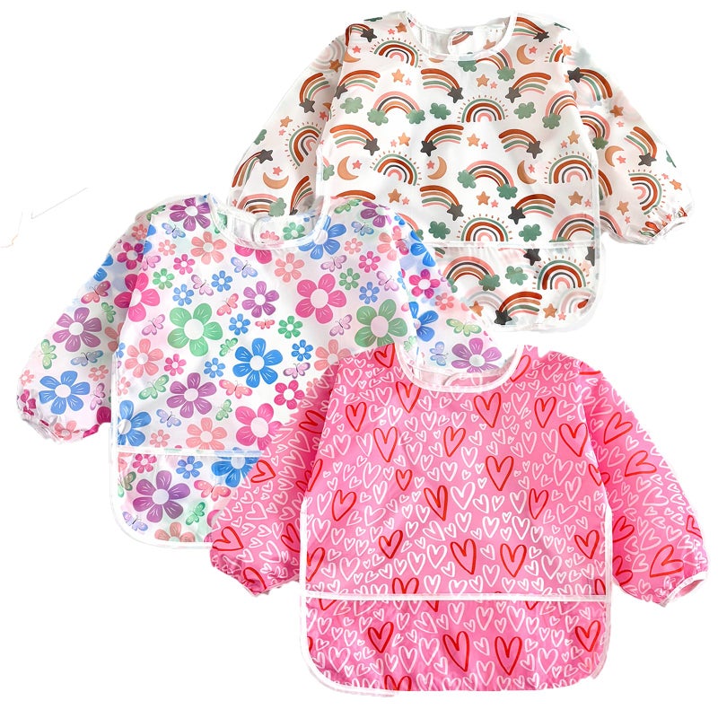 PandaEar 3 Pack Waterproof Baby Long Sleeve Bibs for Girls Lightweight Toddler Art Smock with CatchAll Pocket Washable Mealtime Bibs for Eating Messy Play Fits 62436 Months - Image 2