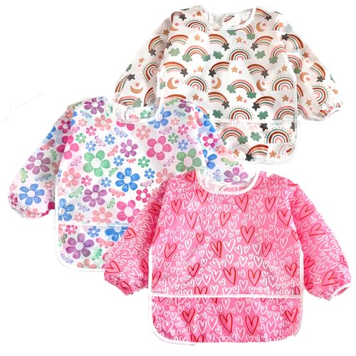 PandaEar 3 Pack Waterproof Baby Long Sleeve Bibs for Girls Lightweight Toddler Art Smock with CatchAll Pocket Washable Mealtime Bibs for Eating Messy Play Fits 62436 Months - Image 1