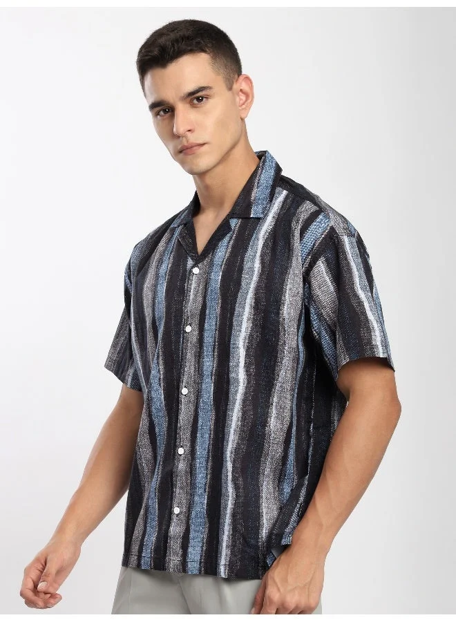 Beyoung Blue and Black Printed Cuban Shirt