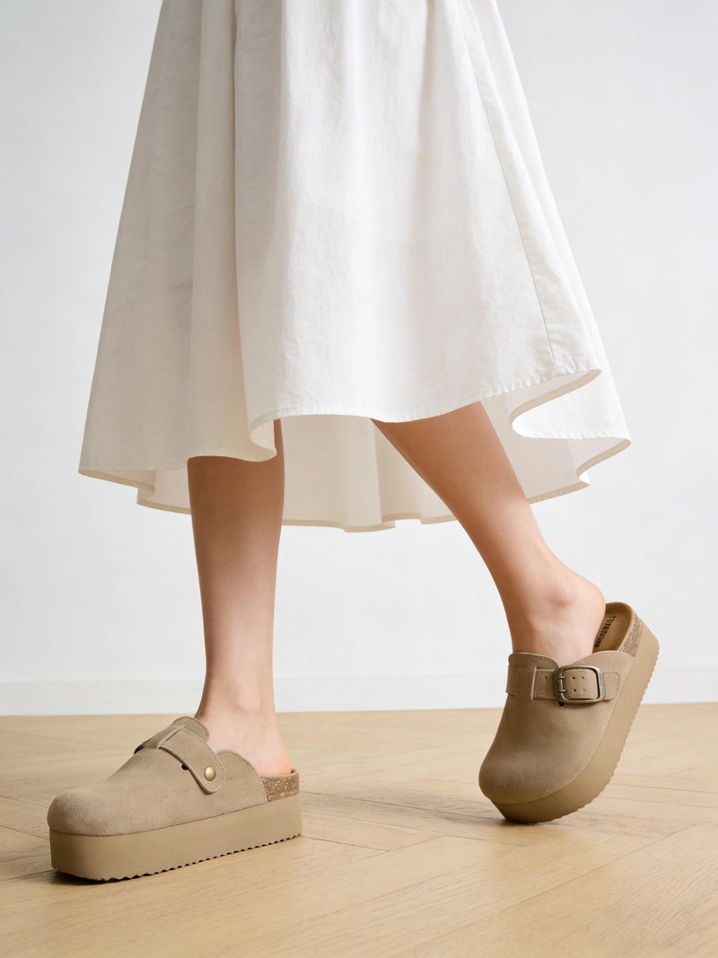 TEMOFON Genuine Suede Clogs for Women: Comfortable Leather Platform Mules & Clogs for Women Footwear - Cork Footbed Closed Toe Sandals Potato Shoes Khaki Size 8.5 - Image 3
