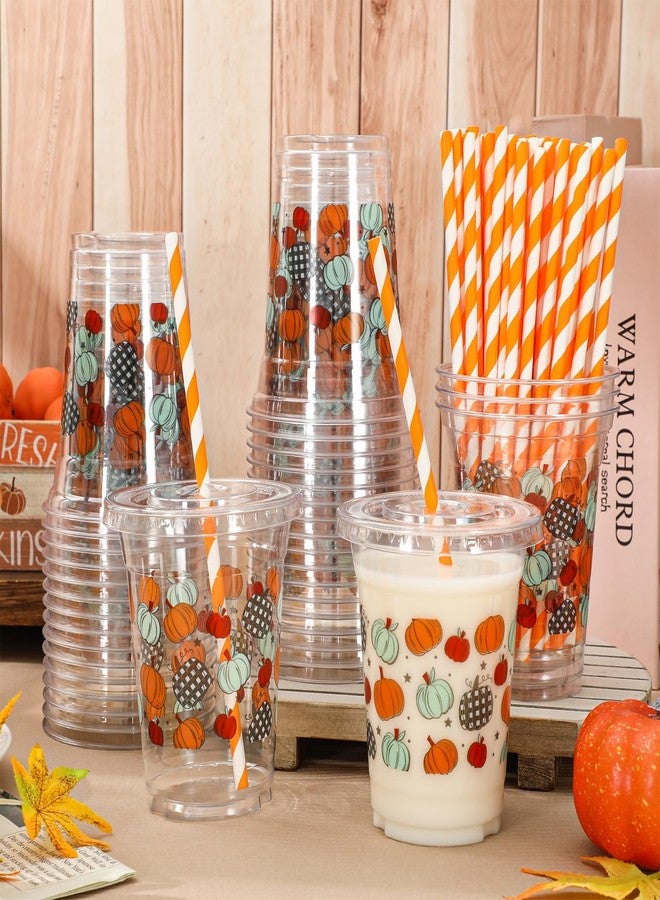 Whaline 50Pcs Fall Plastic Cups with Lids Straws Orange Green Plaid Pumpkin Clear Plastic Cups 12oz Disposable Cup for Autumn Thanksgiving Party Favors Supplies - Image 5