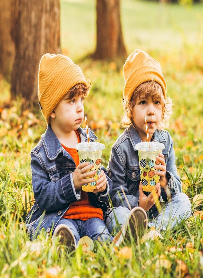 Whaline 50Pcs Fall Plastic Cups with Lids Straws Orange Green Plaid Pumpkin Clear Plastic Cups 12oz Disposable Cup for Autumn Thanksgiving Party Favors Supplies - Image 4