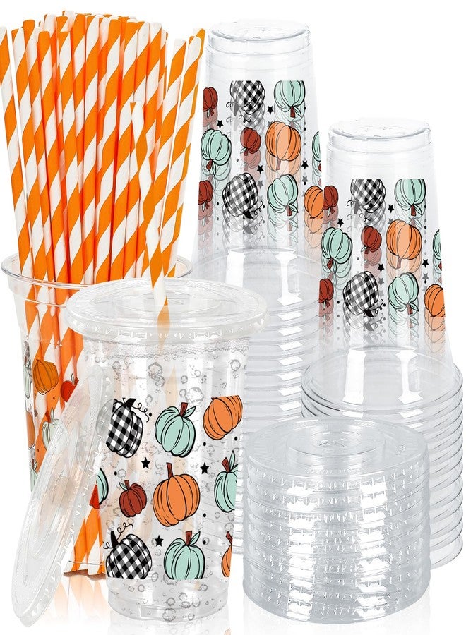 Whaline 50Pcs Fall Plastic Cups with Lids Straws Orange Green Plaid Pumpkin Clear Plastic Cups 12oz Disposable Cup for Autumn Thanksgiving Party Favors Supplies - Image 1