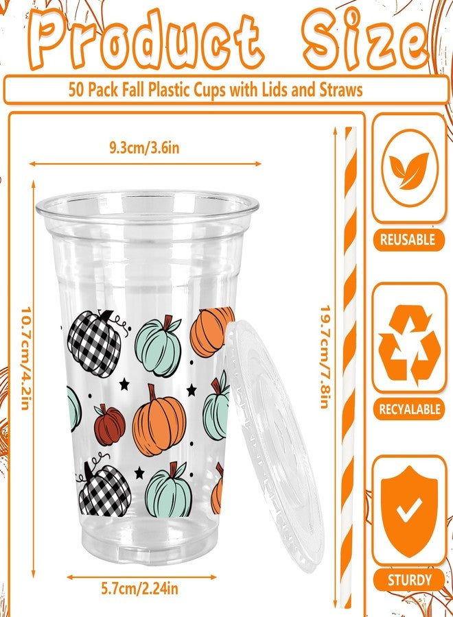 Whaline 50Pcs Fall Plastic Cups with Lids Straws Orange Green Plaid Pumpkin Clear Plastic Cups 12oz Disposable Cup for Autumn Thanksgiving Party Favors Supplies - Image 2