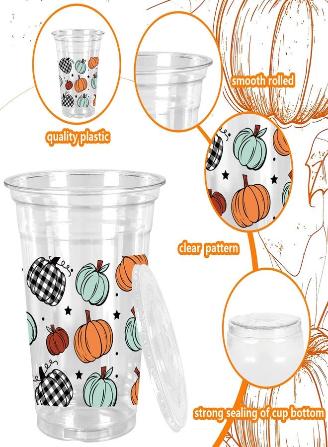 Whaline 50Pcs Fall Plastic Cups with Lids Straws Orange Green Plaid Pumpkin Clear Plastic Cups 12oz Disposable Cup for Autumn Thanksgiving Party Favors Supplies - Image 3