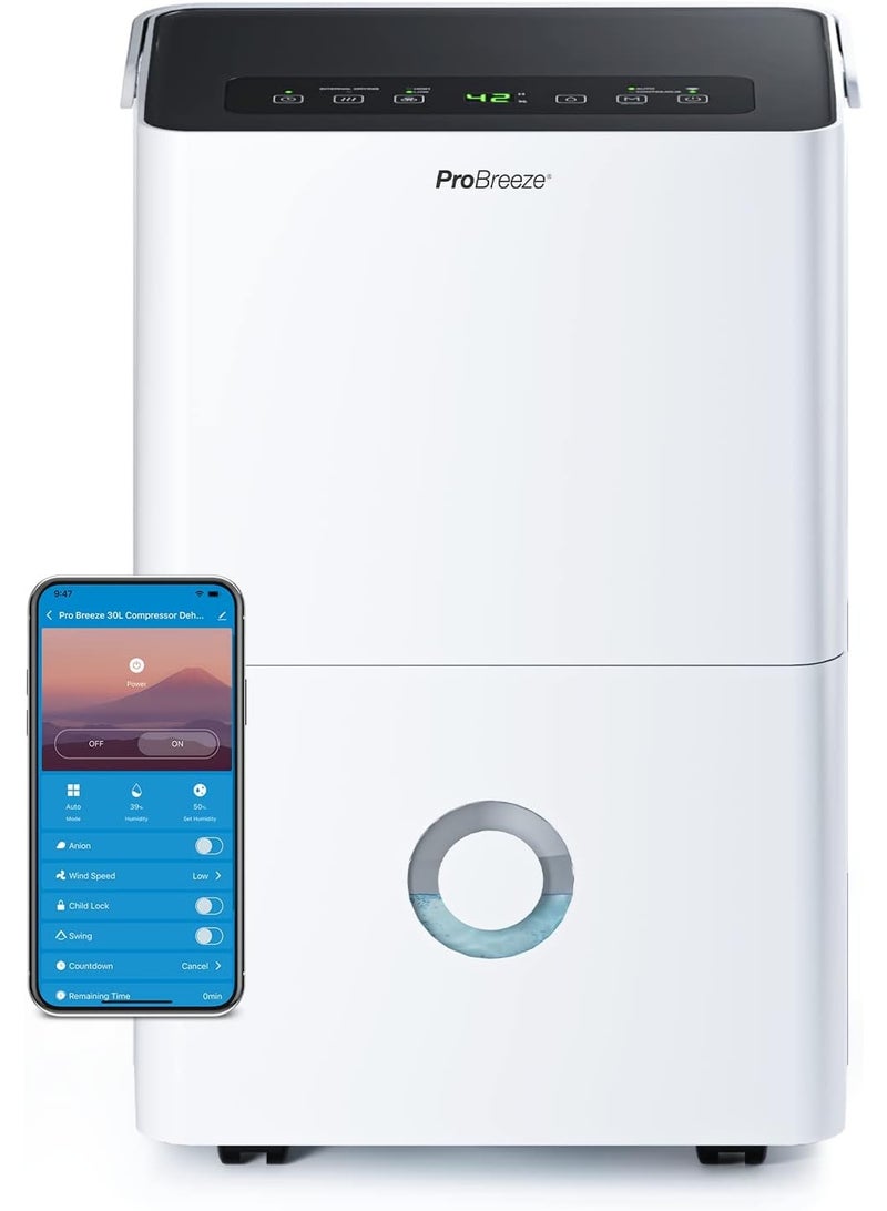Pro Breeze 30L/Day Dehumidifier - Smart Compressor Dehumidifier with App, Wi-Fi, Continuous Drainage, 4L Water Tank, 24h Timer & Child Lock- Mould Remover & Moisture Absorber for Home & Bathroom  - Image 1