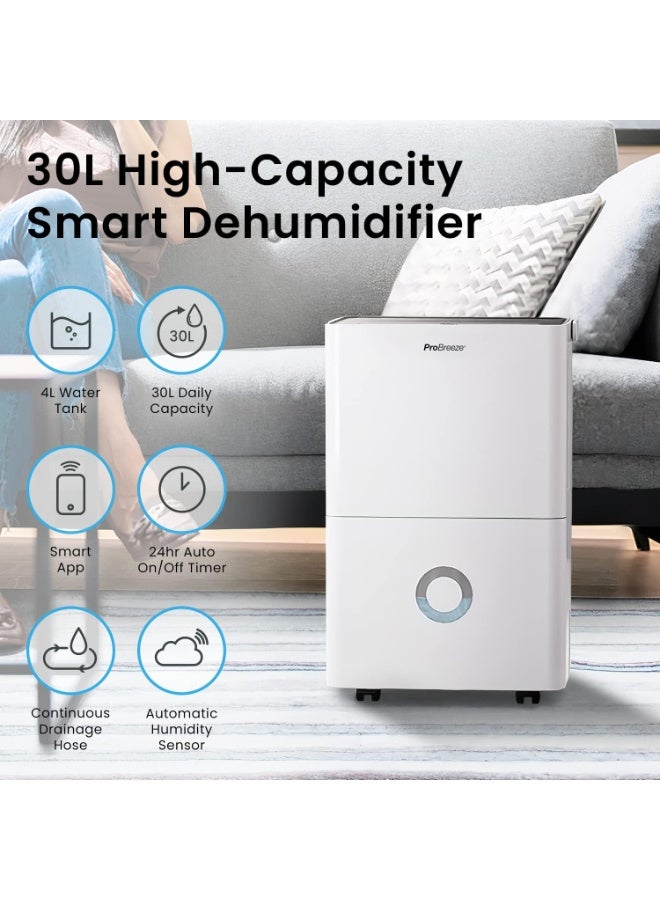 Pro Breeze 30L/Day Dehumidifier - Smart Compressor Dehumidifier with App, Wi-Fi, Continuous Drainage, 4L Water Tank, 24h Timer & Child Lock- Mould Remover & Moisture Absorber for Home & Bathroom  - Image 4