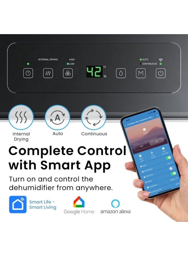 Pro Breeze 30L/Day Dehumidifier - Smart Compressor Dehumidifier with App, Wi-Fi, Continuous Drainage, 4L Water Tank, 24h Timer & Child Lock- Mould Remover & Moisture Absorber for Home & Bathroom  - Image 3