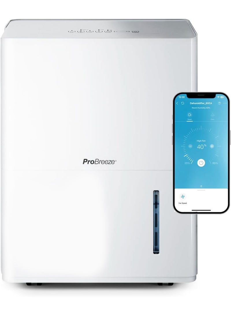 Pro Breeze مجفف هواء 30 لتر/يوم - مجفف ذكي مع ضاغط، تطبيق، واي فاي، تصريف مستمر، خزان ماء 4 لتر، مؤقت 24 ساعة وقفل للأطفال - مزيل للعفن وامتصاص الرطوبة للمنزل والحمام - Image 1