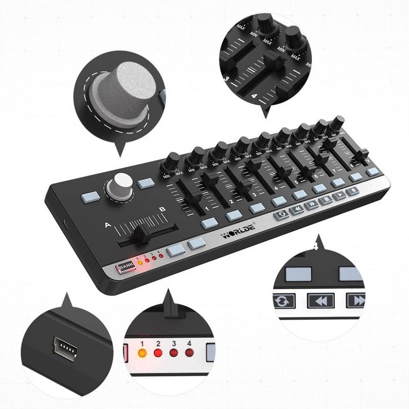 Btuty جهاز تحكم MIDI محمول صغير من نوع Portable Mini USB 9 Slim-Line Control Keyboard Controller - Image 2