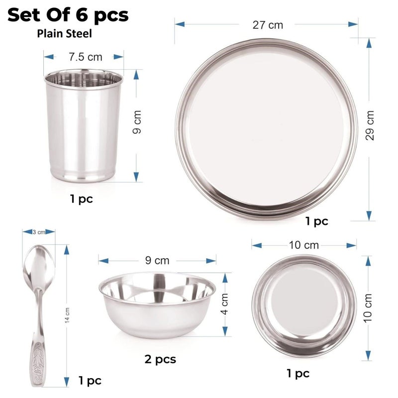 YUIOP - Smart Plain Steel Dinner Set - 18 Guage Stainless Steel - Includes 1 Thali, 1 Dish, 2 Bowls, 1 Spoon & 1 Glass (Pack of 6) - Image 3