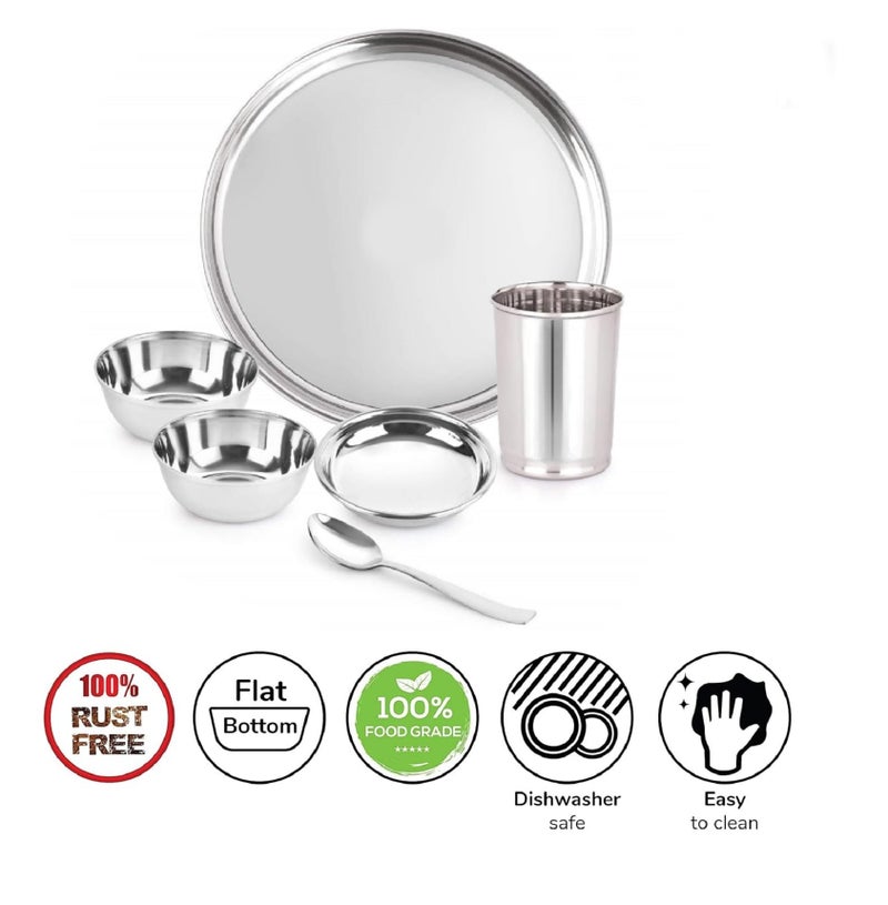 YUIOP - Smart Plain Steel Dinner Set - 18 Guage Stainless Steel - Includes 1 Thali, 1 Dish, 2 Bowls, 1 Spoon & 1 Glass (Pack of 6) - Image 2