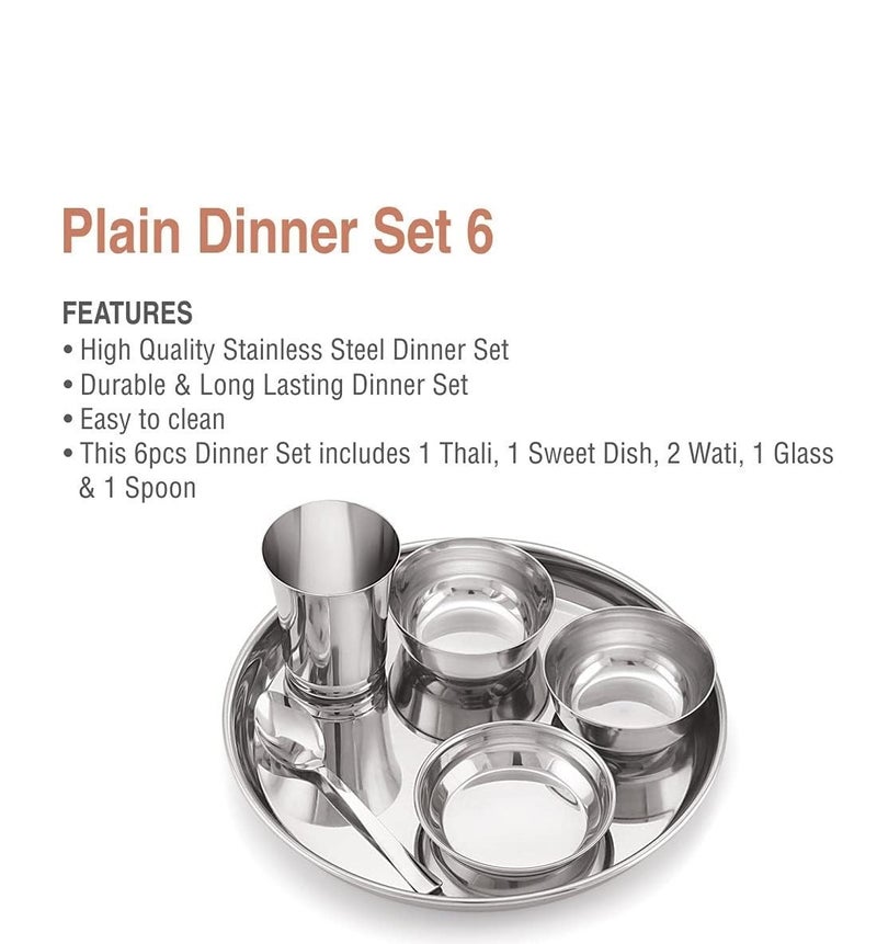 YUIOP - Smart Plain Steel Dinner Set - 18 Guage Stainless Steel - Includes 1 Thali, 1 Dish, 2 Bowls, 1 Spoon & 1 Glass (Pack of 6) - Image 4