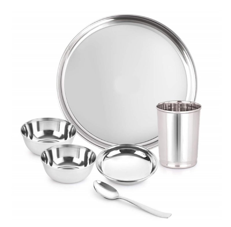 YUIOP - Smart Plain Steel Dinner Set - 18 Guage Stainless Steel - Includes 1 Thali, 1 Dish, 2 Bowls, 1 Spoon & 1 Glass (Pack of 6) - Image 1