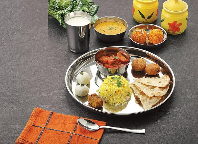 YUIOP - Smart Plain Steel Dinner Set - 18 Guage Stainless Steel - Includes 1 Thali, 1 Dish, 2 Bowls, 1 Spoon & 1 Glass (Pack of 6) - Image 5