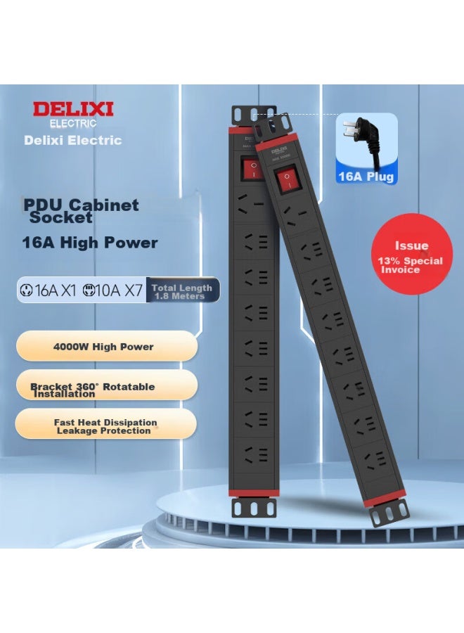 Delixi Pdu Cabinet Desktop Gaming Power Strip/extension Cord/power Bar/power Strip/power Board, 7-outlet Five-hole 10a + Three-outlet 16a Master Switch, Total Length 1.8 Meters - Image 1