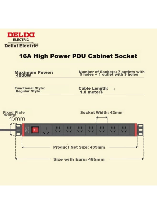 Delixi Pdu Cabinet Desktop Gaming Power Strip/extension Cord/power Bar/power Strip/power Board, 7-outlet Five-hole 10a + Three-outlet 16a Master Switch, Total Length 1.8 Meters - Image 2