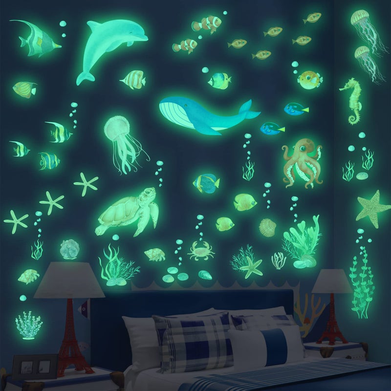 Sea Turtle Ocean Fish Wall Decals Glow in The Dark Under The Sea Life Animals Stickers for Ceiling Girls Boys Waterproof Decoration for Living Room Wall Bathroom Toilet