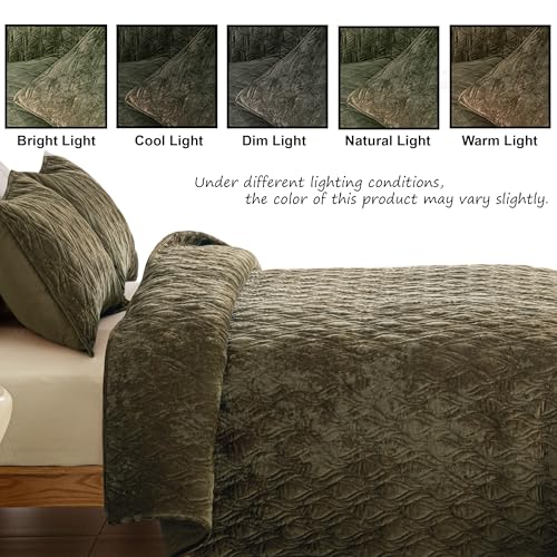 LR Rocaloca Luxury Oversized King Quilt 120x120 Bedspreads Coverlet Bedding Set Velvet Comforter King Size 3 Pieces Set with 1 Quilted Beauty Bedspreads and 2 Pillow Shams 20x36,Army Green - Image 3