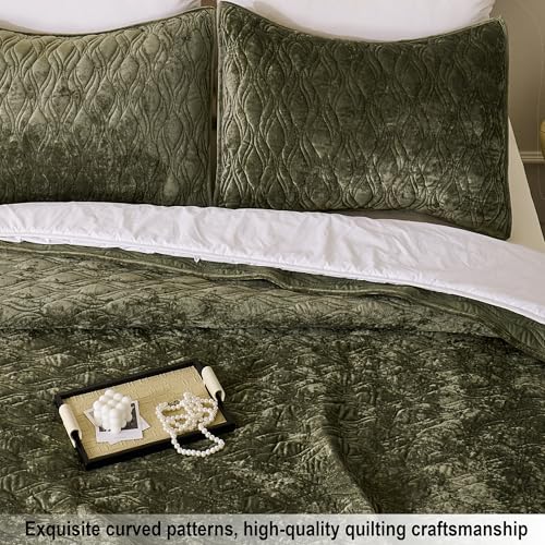 LR Rocaloca Luxury Oversized King Quilt 120x120 Bedspreads Coverlet Bedding Set Velvet Comforter King Size 3 Pieces Set with 1 Quilted Beauty Bedspreads and 2 Pillow Shams 20x36,Army Green - Image 4