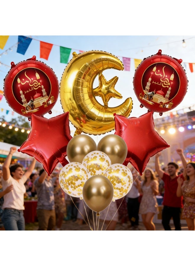 مجموعة بالونات رمضان وعيد مبارك، بالونات حمراء وذهبية على شكل هلال ونجمة مع قصاصات ورقية من اللاتكس، ديكور حفلات إسلامية - Image 2