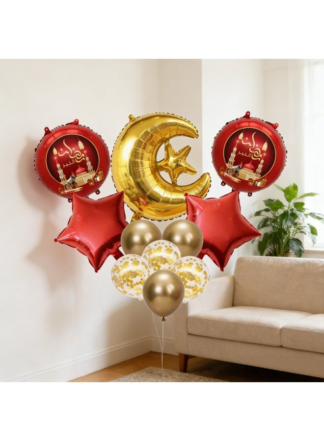مجموعة بالونات رمضان وعيد مبارك، بالونات حمراء وذهبية على شكل هلال ونجمة مع قصاصات ورقية من اللاتكس، ديكور حفلات إسلامية - Image 4