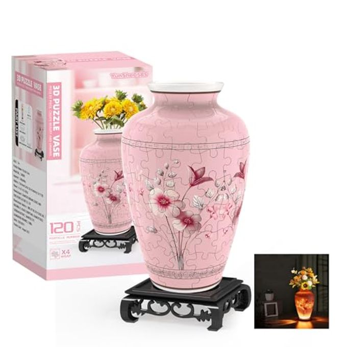 3D PUZZLES VASE FOR ADULTS CRAFTS FOR ADULTS 120 PIECES PLASTIC DIY UNIQUE FLOWER VASE WITH LED LIGHT HOUSE WARMING GIFT BIRTHDAY GIFTS FOR FLOWER ARRANGEMENTS AND HOME DECOR PINK
