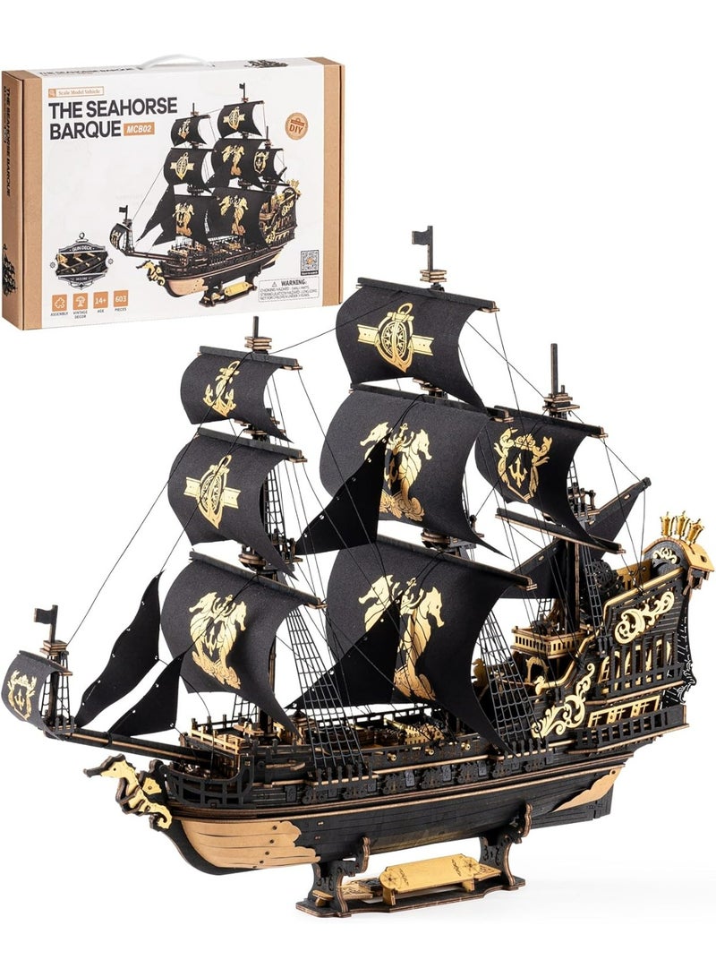 روبوتايم روبوتيم ROKR مركب فرس البحر 3D أحجية خشبية MCB02 مجموعات نماذج السفن الخشبية للبالغين لبناءها، أدوات الحرف اليدوية لتزيين المكاتب المنزلية، هدايا الأحجية. - Image 1