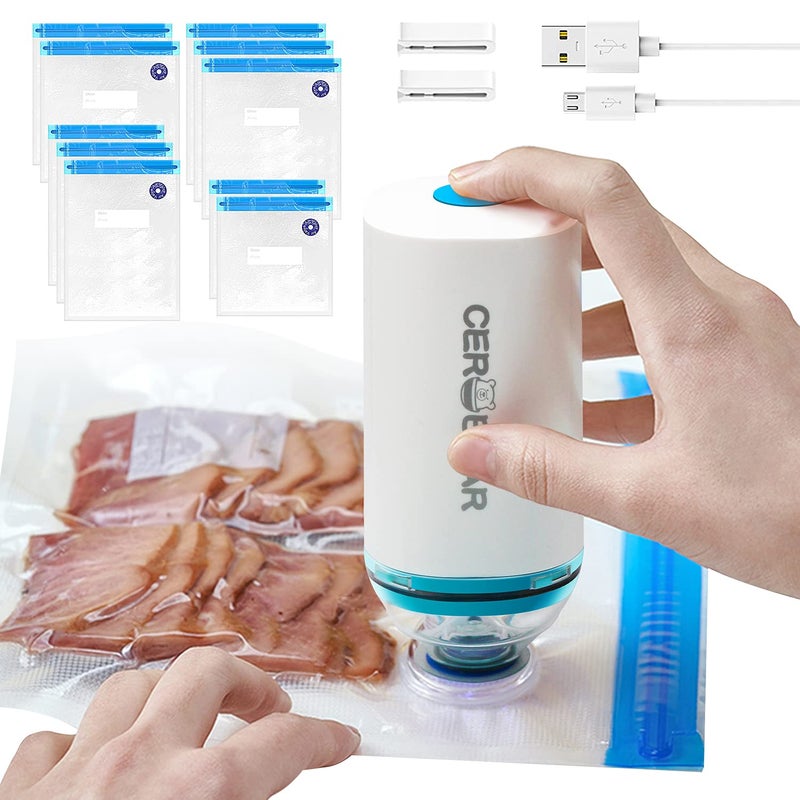 CEROBEAR Portable Food Vacuum Sealer Machine with 10Pcs BPAFree Reusable Sous Vide Bags Rechargeable Mini Handheld Food Storage for Preservation Cooking