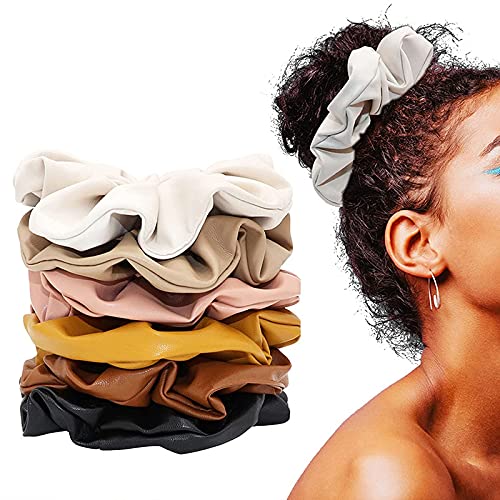 FAMEZA 6Pcs Scrunchies for Women, Leather Hair Scrunchies Solid Colors Hair Ties for Women Girls Non-Slip and Seamless Hair Bands for Thick and Curly Hair, No Hurt Your Hair - Image 1