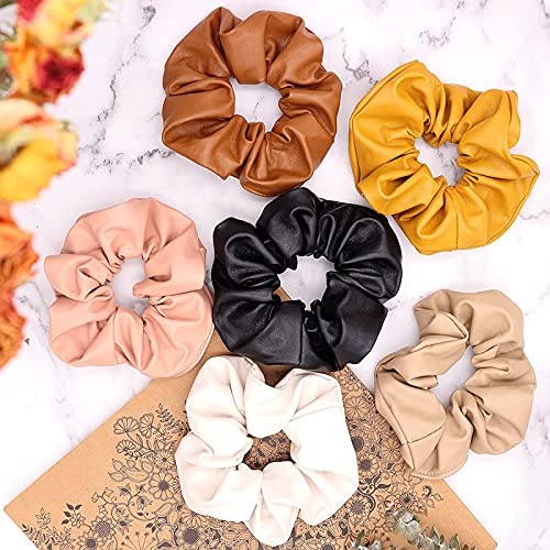 FAMEZA 6Pcs Scrunchies for Women, Leather Hair Scrunchies Solid Colors Hair Ties for Women Girls Non-Slip and Seamless Hair Bands for Thick and Curly Hair, No Hurt Your Hair - Image 5