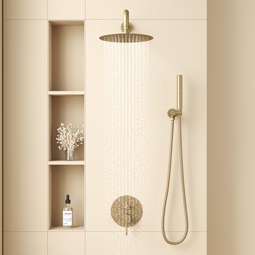 BESy Shower System with 10 Inch Round Rain Shower Head and Handheld Wall Mounted High Pressure Rainfall Shower Faucet Fixture Combo Set with 2 in 1 Handheld Showerhead for Bathroom Brushed Gold - Image 3