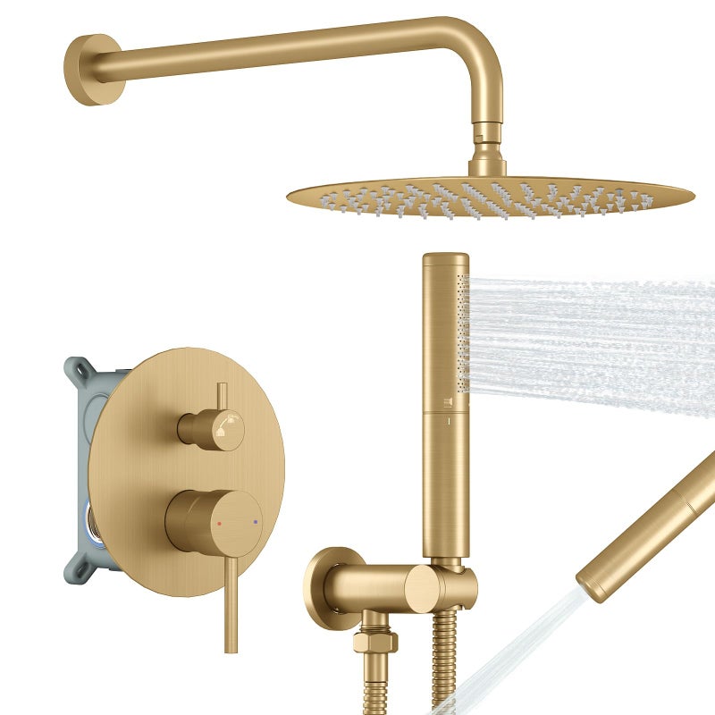 BESy Shower System with 10 Inch Round Rain Shower Head and Handheld Wall Mounted High Pressure Rainfall Shower Faucet Fixture Combo Set with 2 in 1 Handheld Showerhead for Bathroom Brushed Gold - Image 2