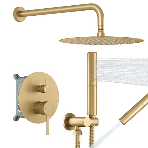 BESy Shower System with 10 Inch Round Rain Shower Head and Handheld Wall Mounted High Pressure Rainfall Shower Faucet Fixture Combo Set with 2 in 1 Handheld Showerhead for Bathroom Brushed Gold - Image 1