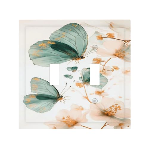 Yamxbfa Decorative Light Switch Cover Plate Watercolor Turquoise Butterfly Rustic Flowers 2 Gang Wall Plate Oversized Double Toggle Two Switch Wall Cover Plate Electrical Face Plate - Image 3