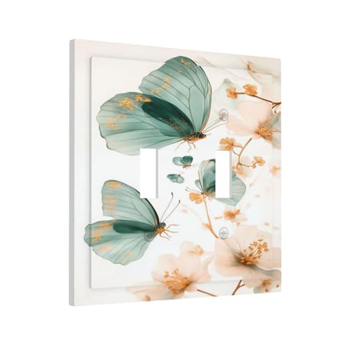 Yamxbfa Decorative Light Switch Cover Plate Watercolor Turquoise Butterfly Rustic Flowers 2 Gang Wall Plate Oversized Double Toggle Two Switch Wall Cover Plate Electrical Face Plate - Image 1