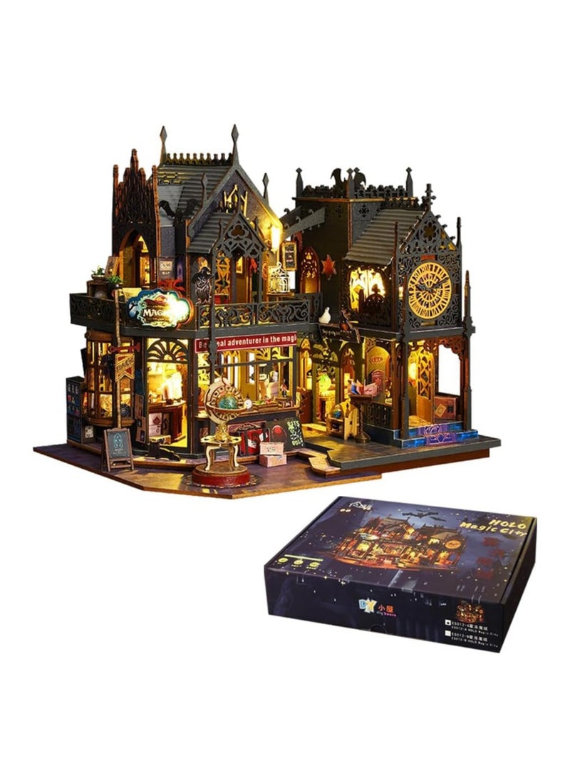 عام طقم بيت مصغر يدوي ماجيك، محل خشبي ماجيك لبيت الدمية مع أثاث، لغز قلعة ماجيك للهدايا الإبداعية للأطفال والمراهقين في عيد ميلادهم - Image 1