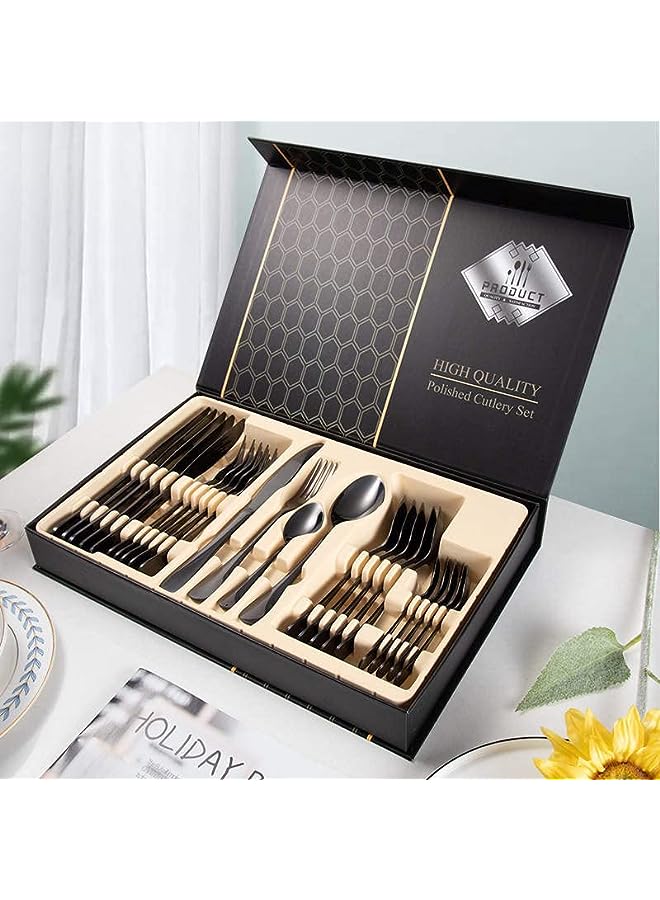 PROMASS Pieces Silverware Flatware Set with Gift Box, Stainless Steel Utensils Service set for 6, Mirror Polished Cutlery Set,Dishwasher Safe Knife Fork Spoon Tableware set (Black) - Image 1