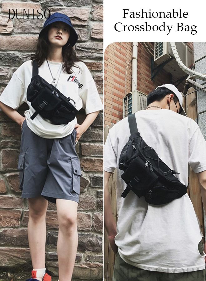 DUNISO Compact Waist Bag with Reflective Strip for Men and Women Waterproof Crossbody Bag Multipurpose Chest Shoulder Bag with Buckle Everyday Carry Bag Sling Bag for Travel Work Sports - Image 2