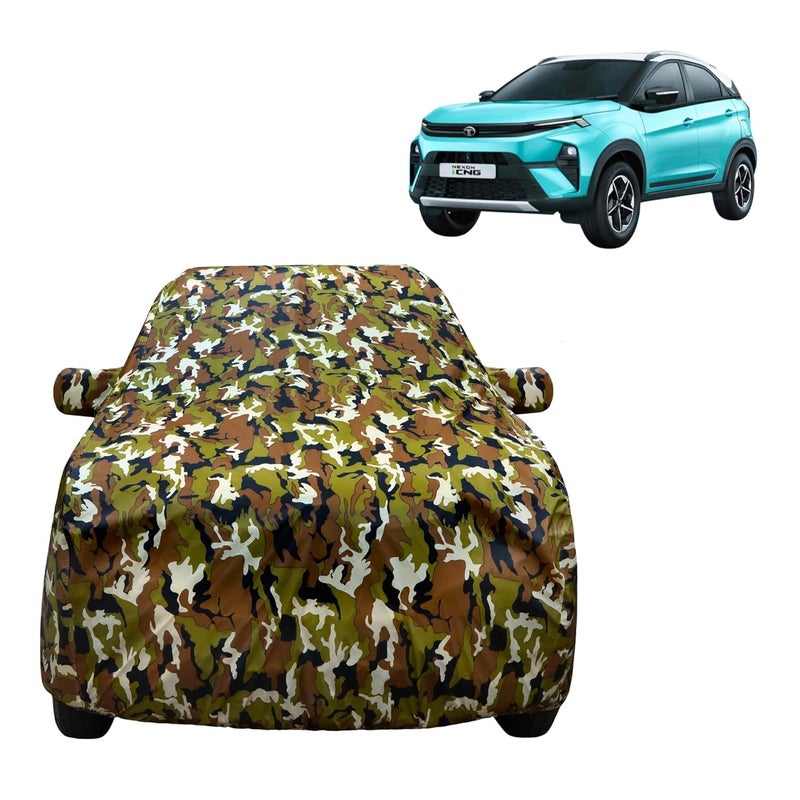 VYAS 100% Waterproof Car Body Cover Compatible for Tata Nexon (2017-2025) with Mirror Pocket Triple Stitched Belt & Buckle Fitting Dual Elastic, Durable Material Jungle Print Camouflage Design. - Image 1