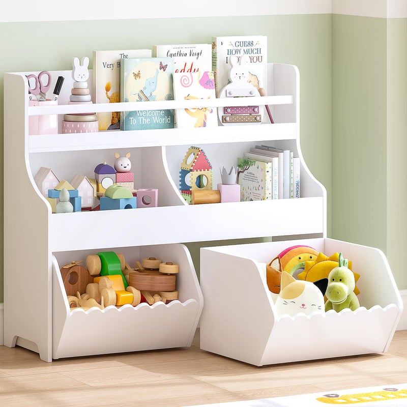 Spirich Kids Toy Storage Organizer with Bookshelf, 3-Tier Toy Storage Cabinet, Toy Shelf with 2 Movable Toy Storage Bins, 5-Compartment Montessori Shelf for Nursery, Playroom, Classroom, White - Image 1