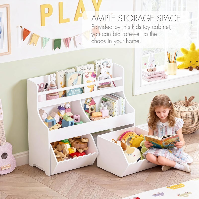 Spirich Kids Toy Storage Organizer with Bookshelf, 3-Tier Toy Storage Cabinet, Toy Shelf with 2 Movable Toy Storage Bins, 5-Compartment Montessori Shelf for Nursery, Playroom, Classroom, White - Image 2