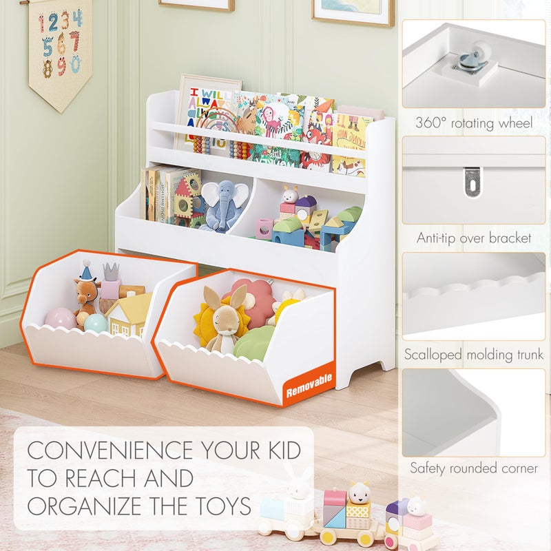 Spirich Kids Toy Storage Organizer with Bookshelf, 3-Tier Toy Storage Cabinet, Toy Shelf with 2 Movable Toy Storage Bins, 5-Compartment Montessori Shelf for Nursery, Playroom, Classroom, White - Image 4
