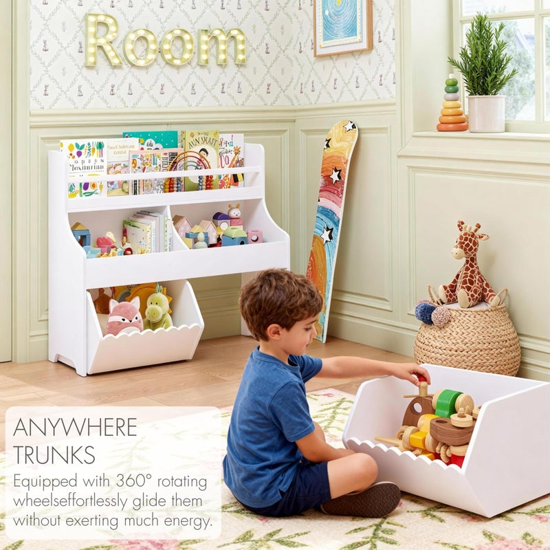 Spirich Kids Toy Storage Organizer with Bookshelf, 3-Tier Toy Storage Cabinet, Toy Shelf with 2 Movable Toy Storage Bins, 5-Compartment Montessori Shelf for Nursery, Playroom, Classroom, White - Image 3