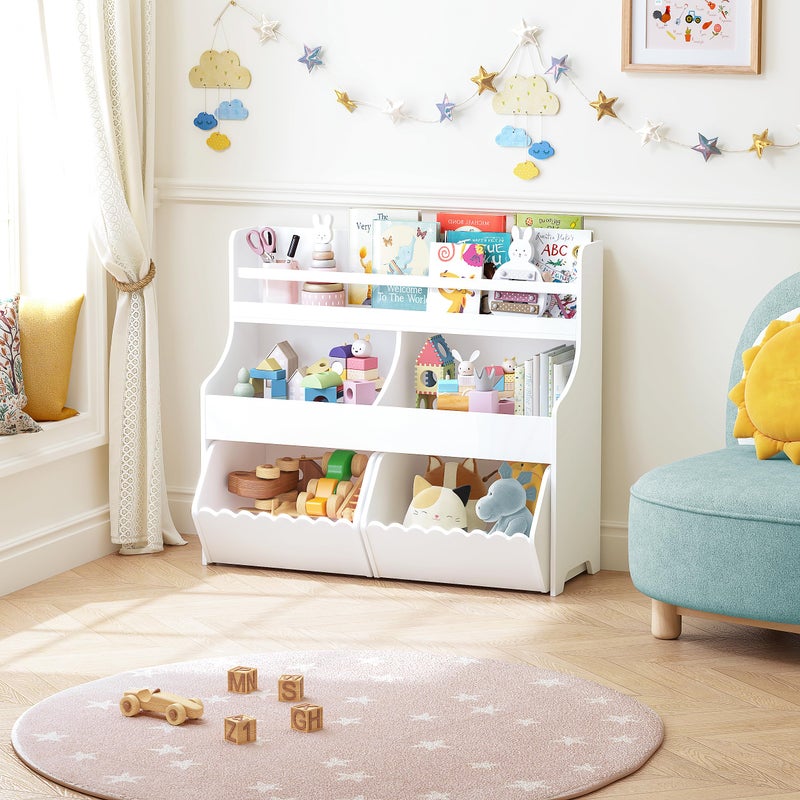 Spirich Kids Toy Storage Organizer with Bookshelf, 3-Tier Toy Storage Cabinet, Toy Shelf with 2 Movable Toy Storage Bins, 5-Compartment Montessori Shelf for Nursery, Playroom, Classroom, White - Image 5